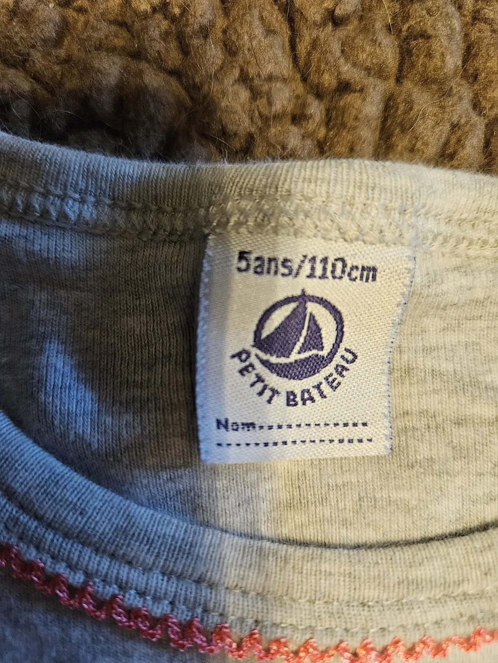 Petit Bateau 100% Cotton Light Gray Long-Sleeve Tee with Pink Neck Stitch